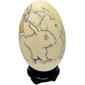 Hand-Drawn Easter Bunny & Floral Design Real Hollow Egg Stand 3.75" Vintage